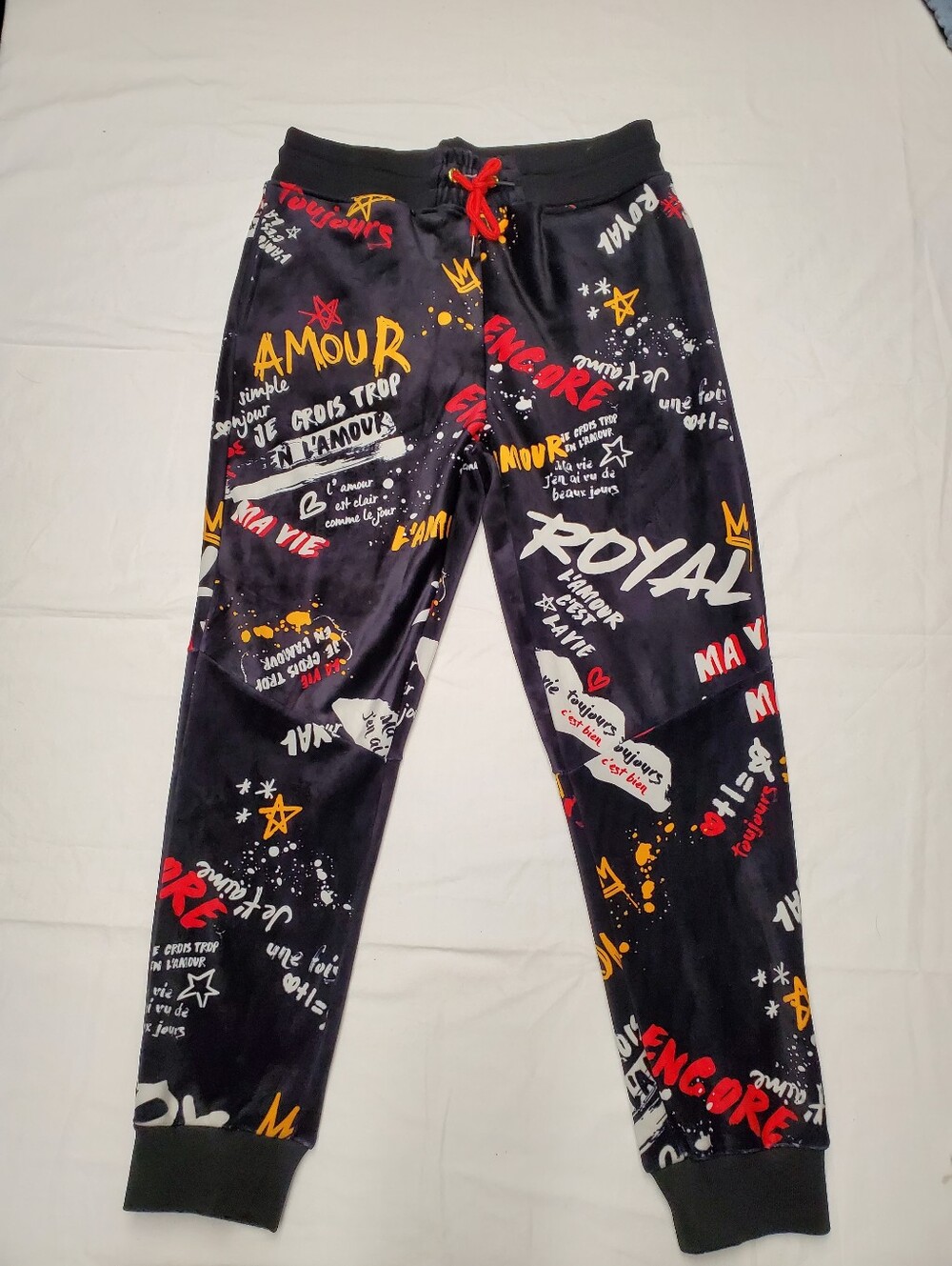 Switch Remarkable Graffiti Joggers L Y2K Streetwear French Text Velour Pants